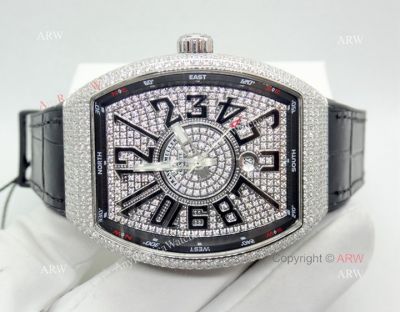 2019 Replica Franck Muller Vanguard Iced Out Full Diamond Watch Silver Case
